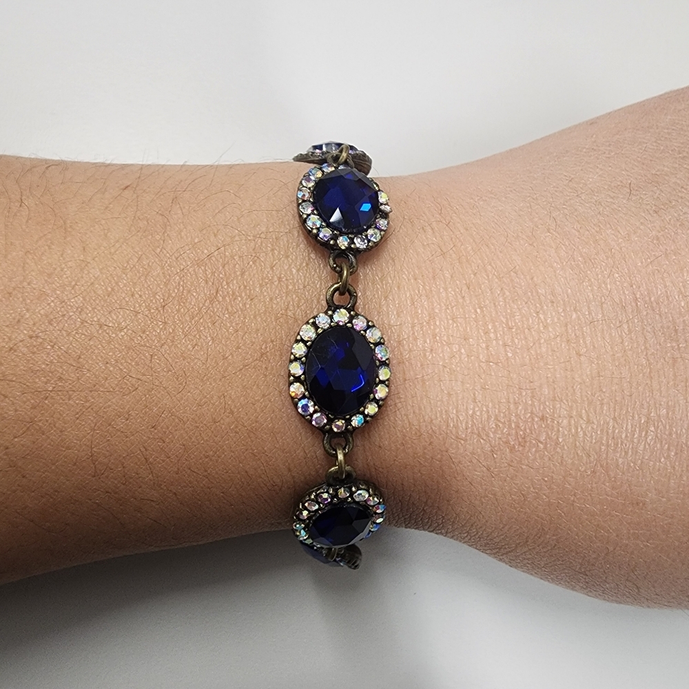 Sapphire Blue Oval & Aurora Borealis Rhinestone Crystal Bracelet Antique-Gold